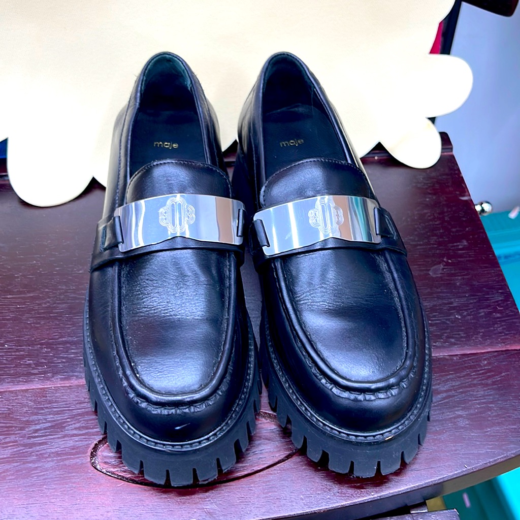 Maje Platform Loafers With Silver Plate, Nwt Eu 36, Us 5.5/6 Leather Mary Jane